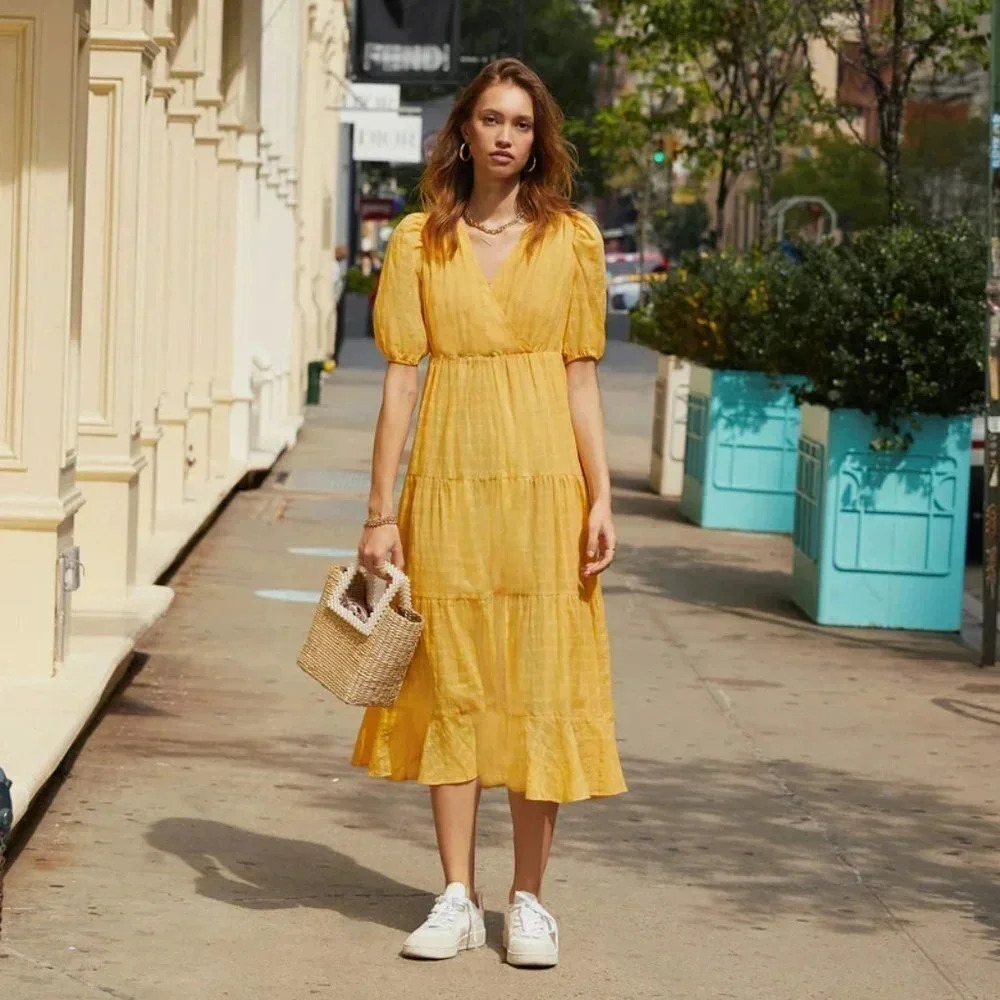 Heartloom Halia Midi Dress Faux Wrap A Line Marigold Yellow  Sz Medium